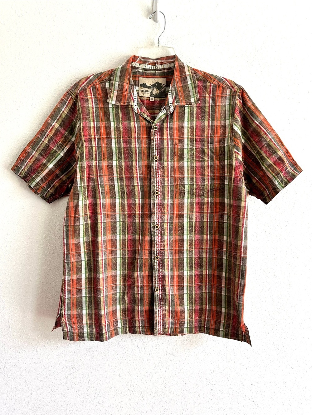 Gramicci Shirt Men's 2XL Brown Orange Button Up Short Sleeve Outdoor Hike Plaid